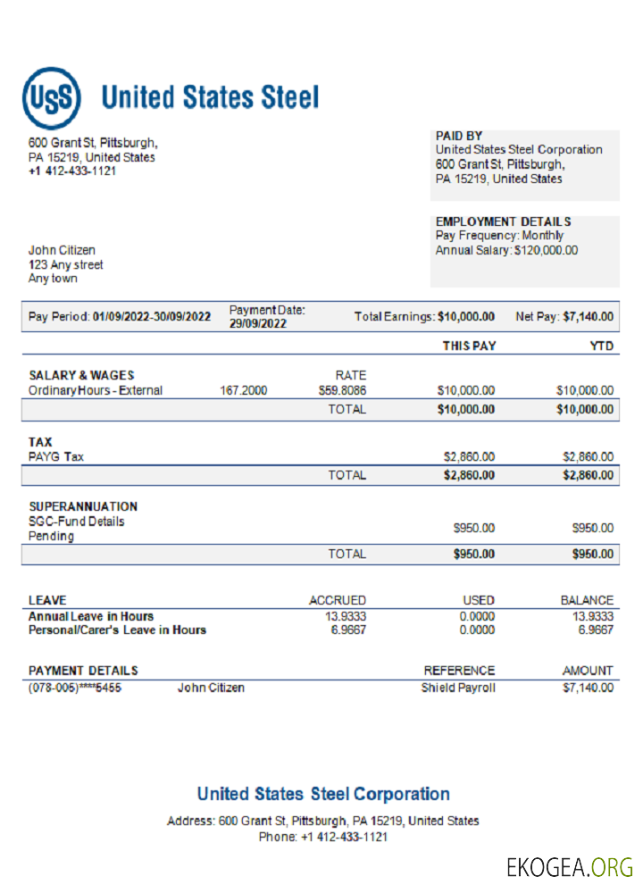 États Unis United States Steel Corporation, entreprise de production d'acier, bulletin de paie